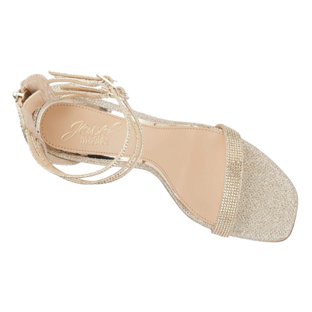 Jewel Badgley Mischka Women's REGINA Sandal, Gold Fabric, 9 M US